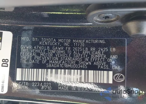 2021 Lexus Es 300H z USA, uszkodzony, nr VIN 58ADA1C18MU003465